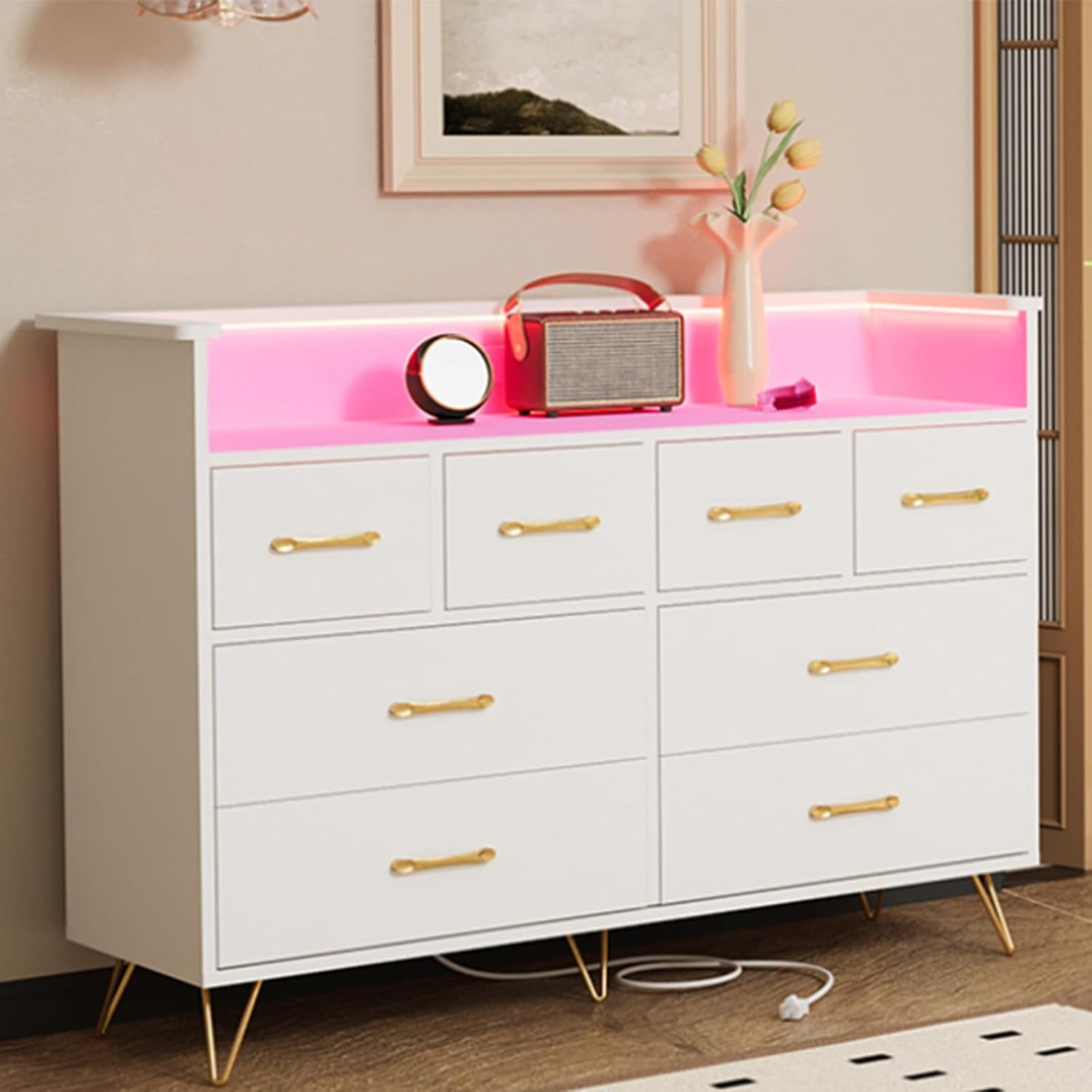 White Dresser for Bedroom with LED Light & Charging Station, 8 Drawers Wooden Dressers with Open Space, Modern Chest of Wide Drawers for Living Room, Entryway, Hallway
