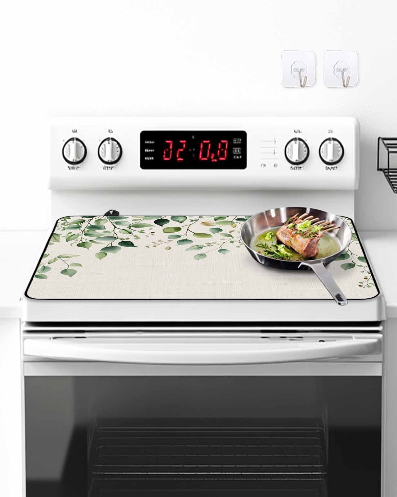 Stove Top Covers for Electric Stove, Eucalyptus Leaf Glass Stovetop Cover Protector, Watercolor Green Plant Vintage Country Induction Cooktop Protector Oven Mat for Kitchen Countertop 24"x21"