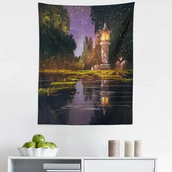 Landscape Tapestry, Idyllic Scenery at Night with a Stone Lantern Fireflies and Forest Trees Swamp, Fabric Wall Hanging Decor for Bedroom Living Room Dorm, 5 Sizes, Multicolor, by Ambesonne