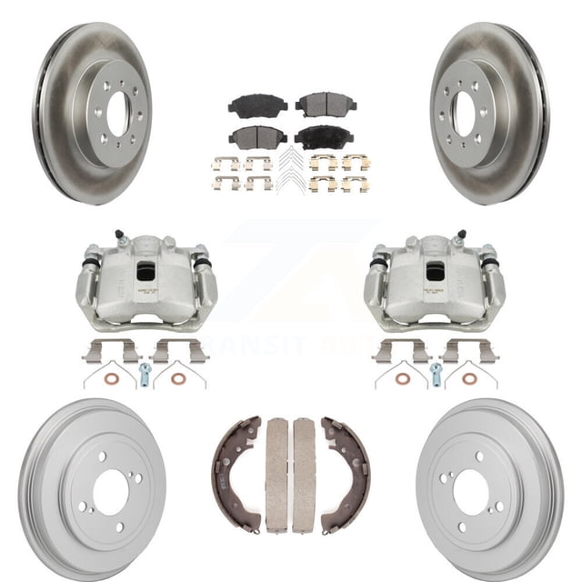 Transit Auto Front Rear Disc Brake Caliper Coated Rotors Drums Semi-Metallic Pads Kit (8Pc) for Car 2013 Honda Fit DX with GAS engine KCG-101177P