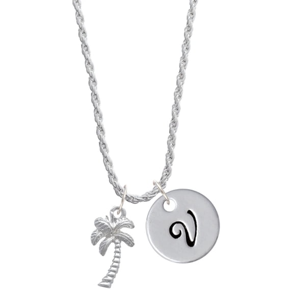 Delight Jewelry Silvertone Palm Tree Silvertone Script Initial Disc - V - Charm Necklace, 20"+3"