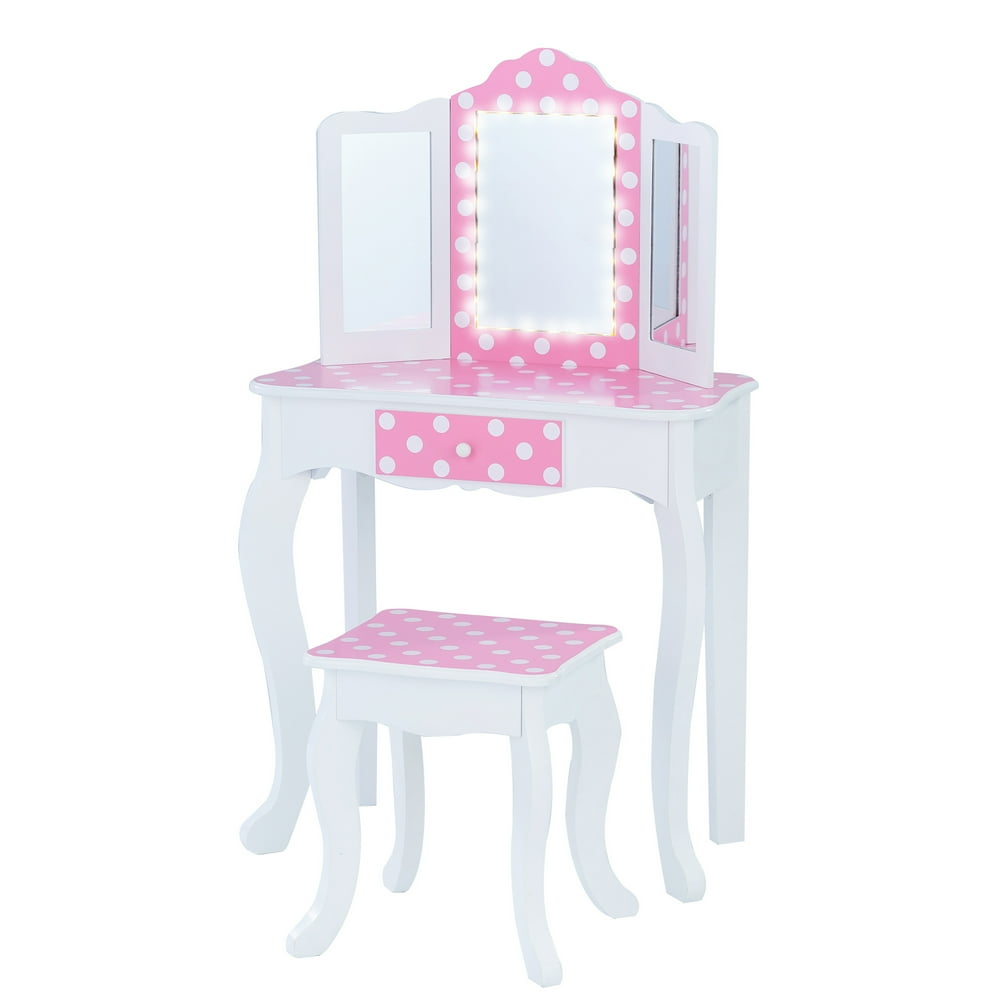 Teamson Kids Fashion Polka Dot Prints Gisele Play Vanity Set with LED