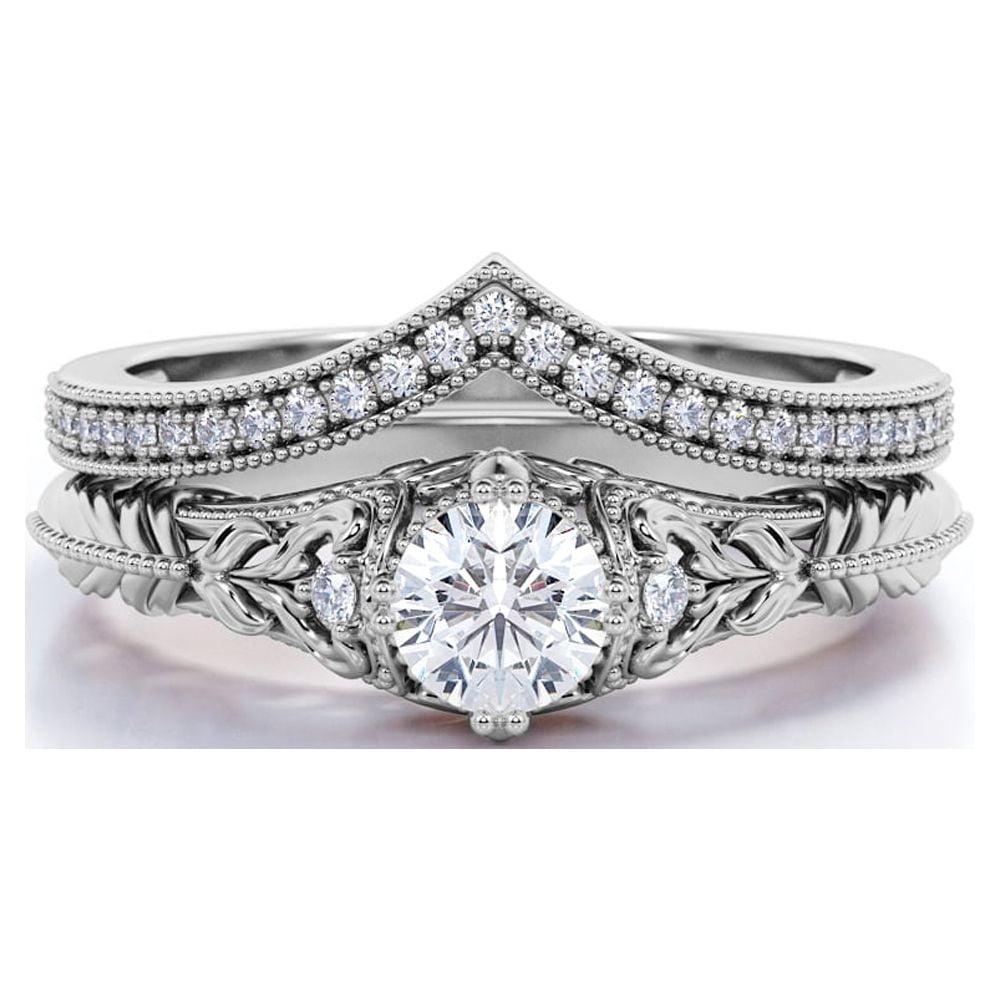 JeenMata Engraved 0.75 Carat Round Cut Lab Grown Diamond Victorian-Inspired Wedding Ring Set with Chevron Wedding Band in 10k White Gold