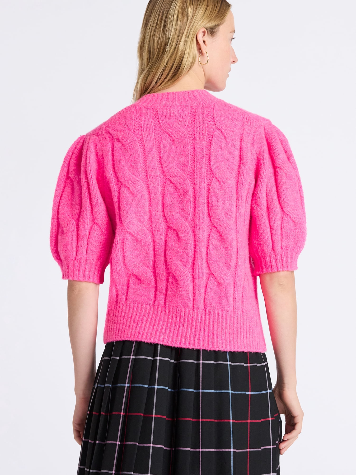 Free Assembly Women's and Women's Plus Cable Cardigan with Short Puff Sleeves, Sizes XS-4X