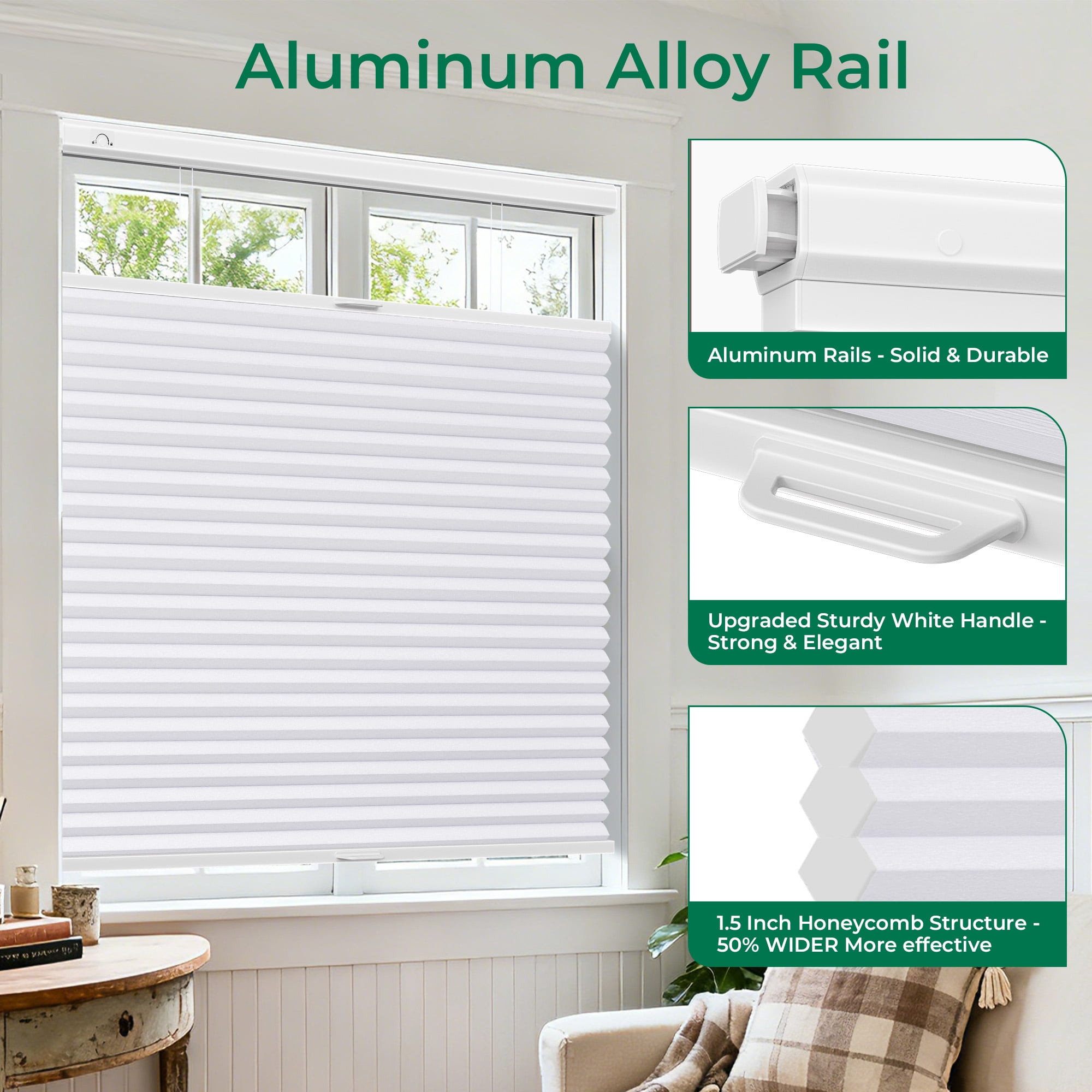 Allesin Zen No Drill No Tools Top Down Bottom Up Cellular Shades,Blackout Cordless Window Blinds for Indoor Windows,Easy to Install Honeycomb Blinds,White(Light Filtering) 34" Wx64 H