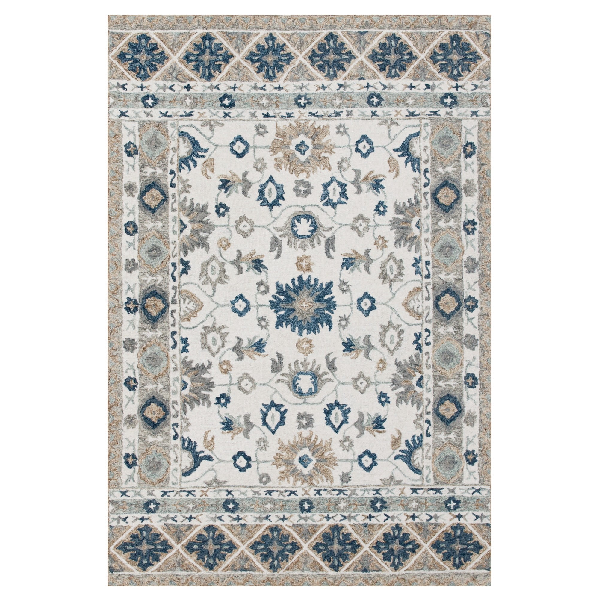 Laddha Home Designs 5' x 7.75' Hand Tufted Floral Wool Area Throw Rug - Cream and Blue
