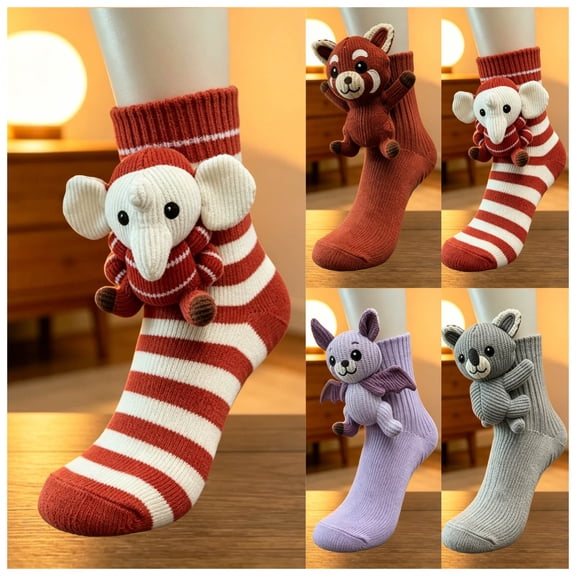 FAIOROI 3D Plush Animal Crew Socks for Women, Cute Cartoon Stuffed Toy Socks, Soft Cozy Knit Holiday Christmas Sock