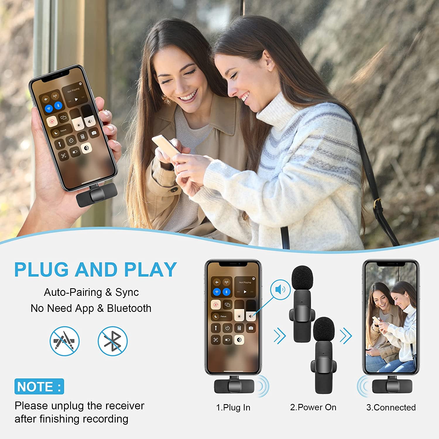 Wireless Lavalier Microphone for iPhone iPad, Plug-Play Wireless Mic for Recording, Live Stream, Noise Reduction Auto-Sync