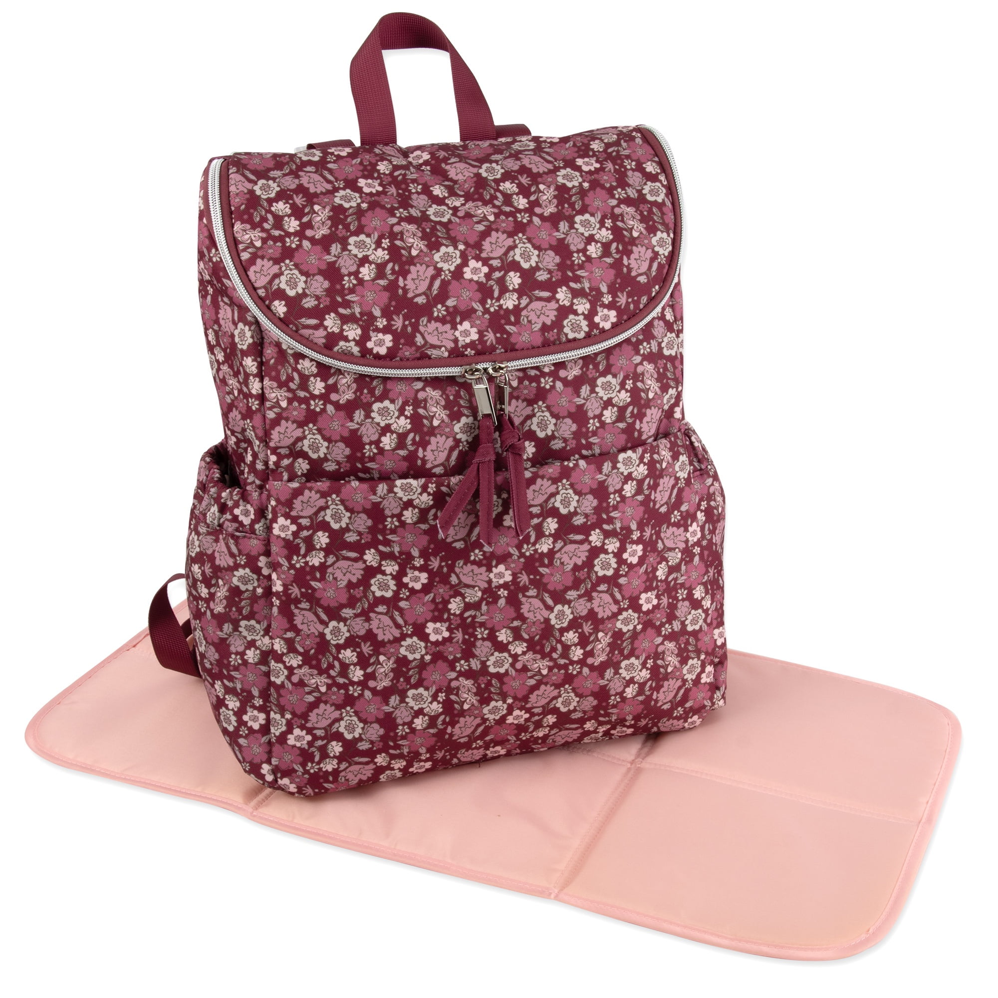 Baby Essentials 2 Piece Baby Diaper Backpack with Stroller Straps and Matching Changing Pad in Burgundy Floral