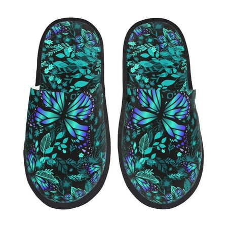 Balery Blue Floral with Butterflies Slient Indoor Furry Fleece Comfort House Shoes Soft Non-Slip Home Shoes Cotton slippers House Slippers-- Medium