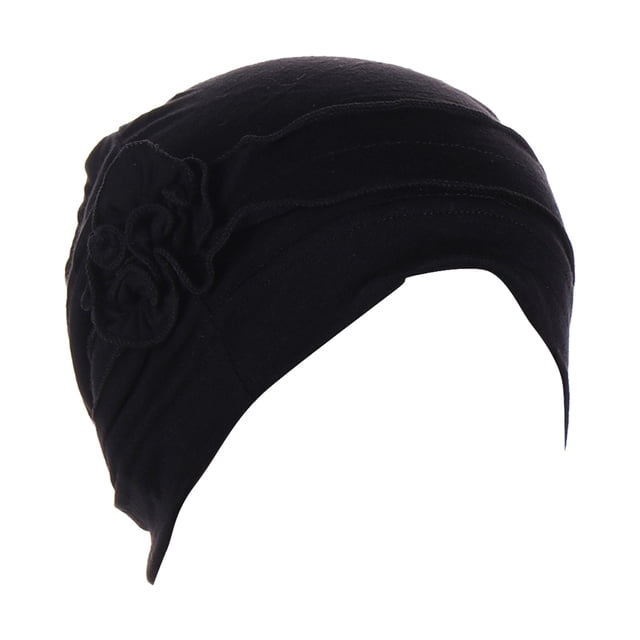 XASZHN Women's Spliced Beaded Hat Muslim Ruffle Cancer Chemo Wrap Cap for Head Cover Comfortable Design Black S