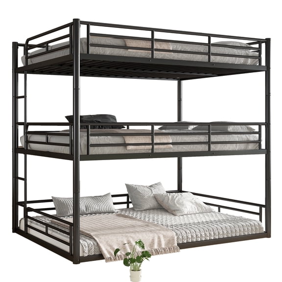 QZYeYun Queen Triple Metal Bunk Bed with Full Guardrails Heavy Duty Noise Reduced Black