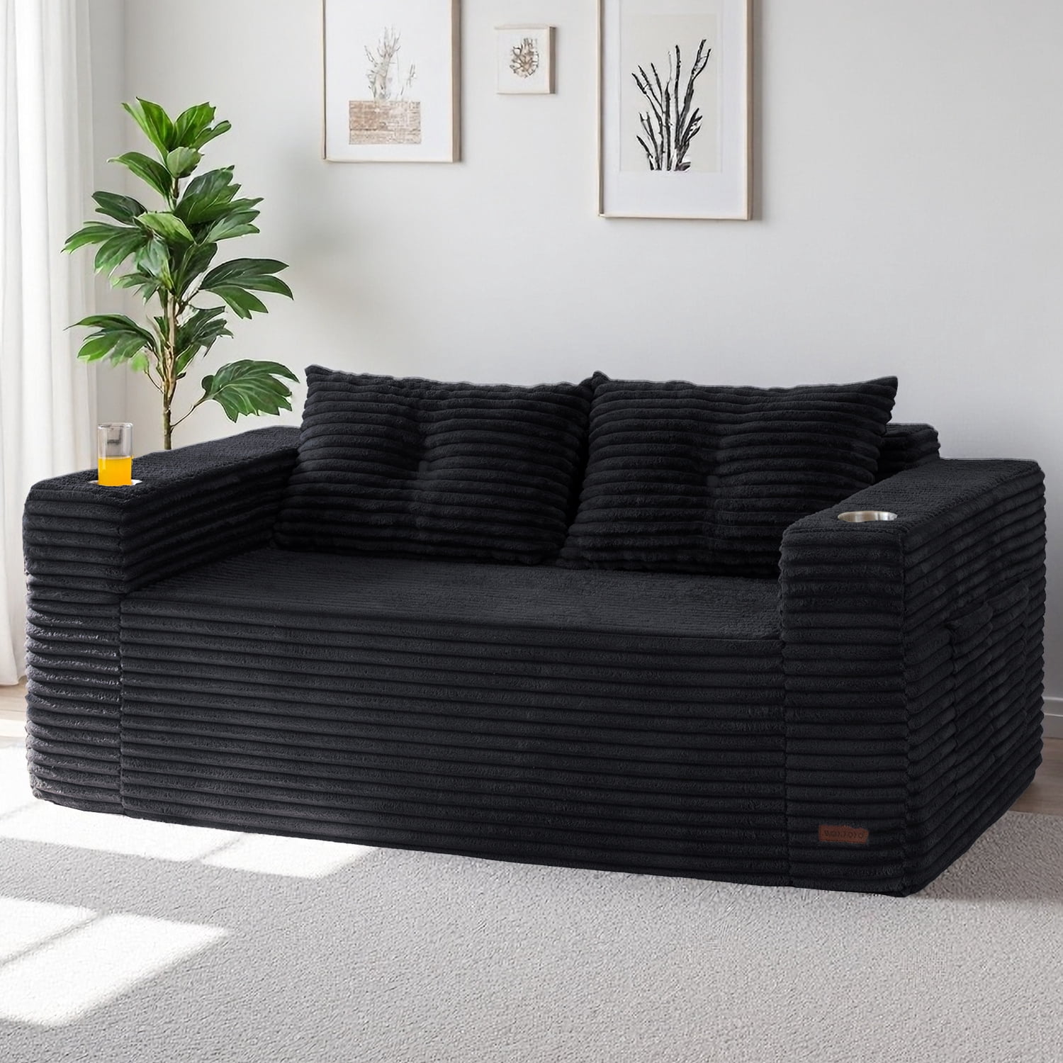 BYBYME 63" Corduroy Cloud Floor Sofa,Modular Comfy Small Cloud Couch for Small Spaces,Boneless Sofa for Living Room,No Assembly,Loveseat,Black