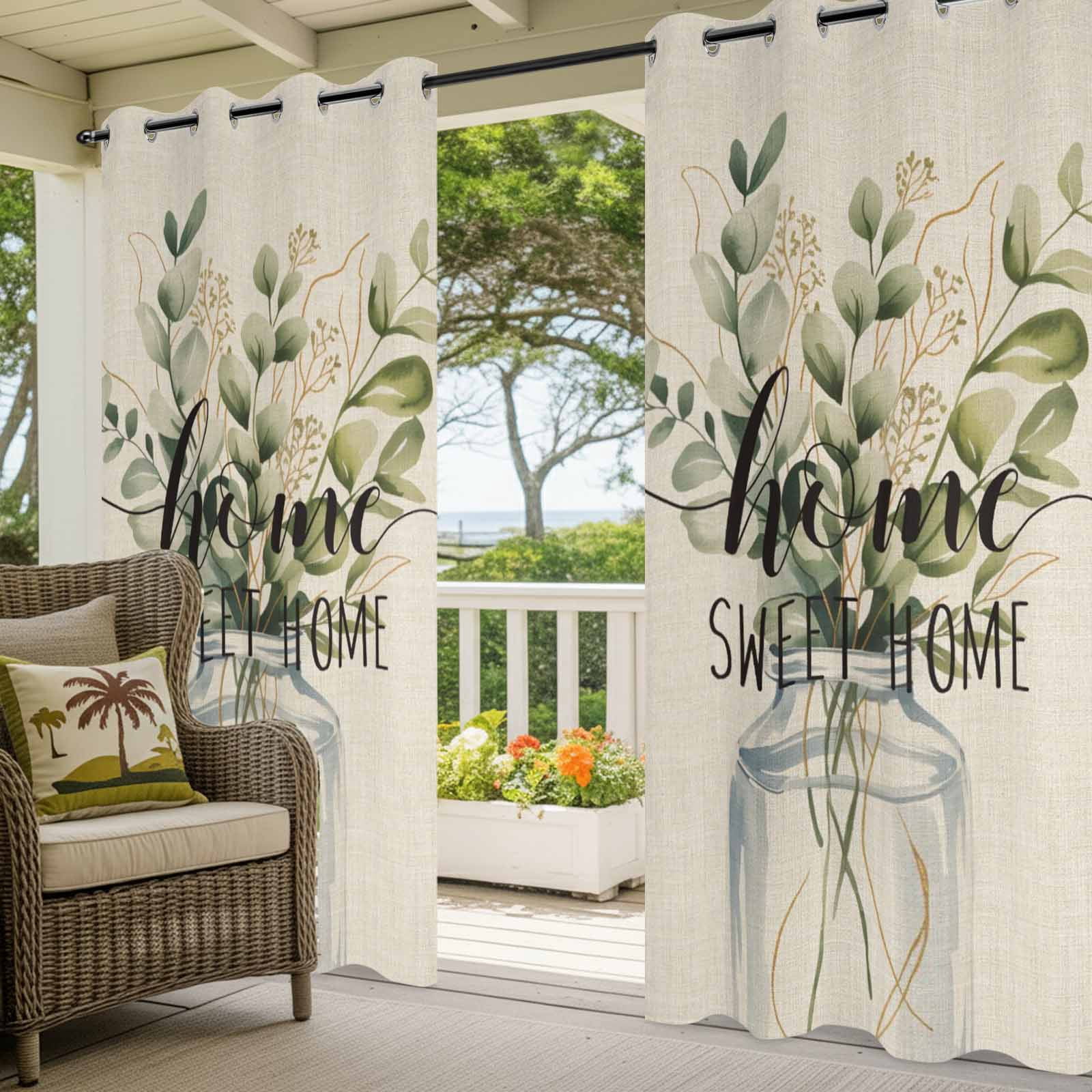 Outdoor Curtains for Patio Waterproof, Spring Eucalyptus Leaves Windproof Pravicy Outside Porch Blackout Curtain, Farmhouse Vintage Botanical Sun Blocking Grommets Curtains for Cabana Gazebo 54"x108"