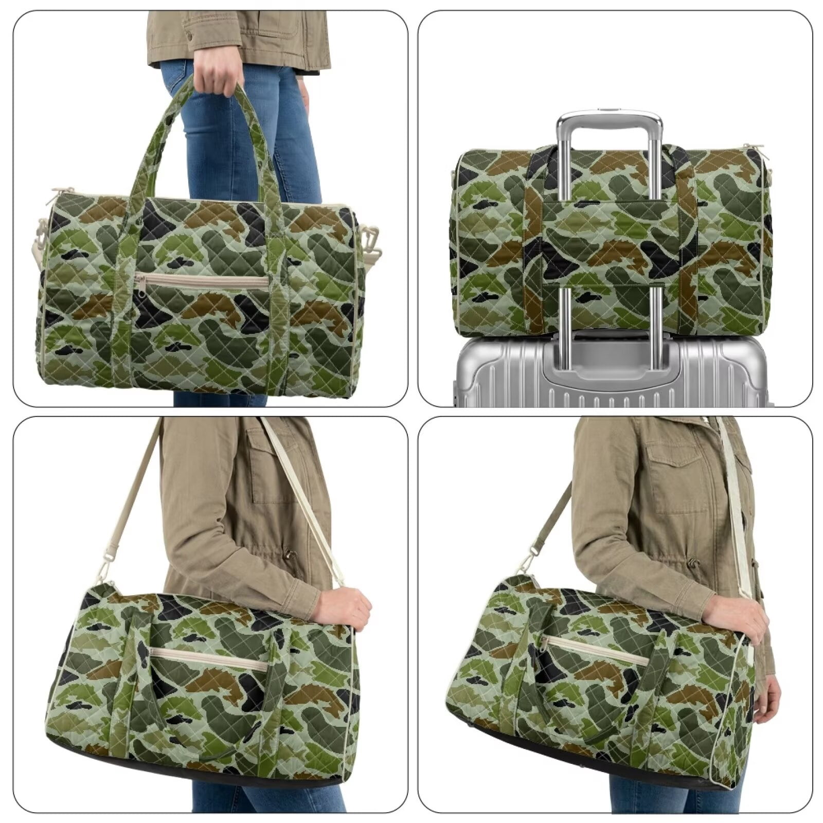 Garronmavis Camo Print Large Quilted Duffle Bag for Women, Travel Weekender Bag Overnight Gym Carry On Tote Bag with Zipper Pockets for Dance, Work & Trips