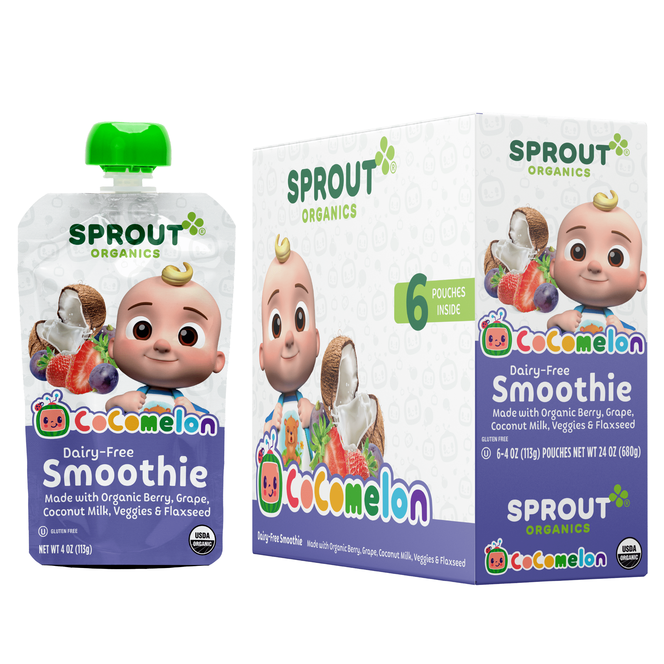CoComelon Sprout Organic Toddler Food Pouches, Berry Grape Smoothie, 4 oz Pouch, 6 Pack