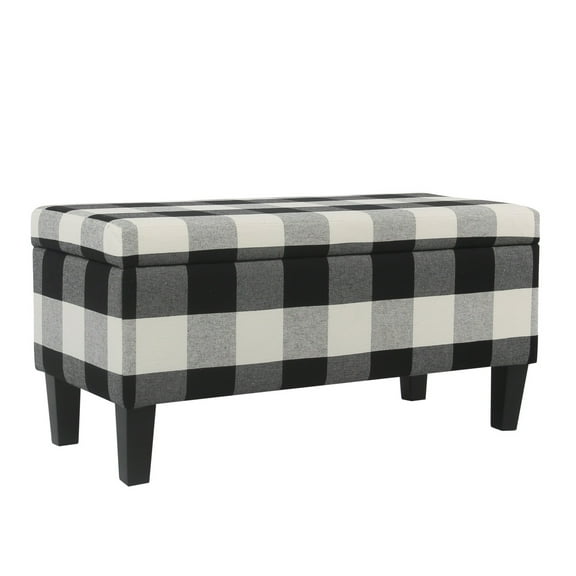 Benjara Checkered Pattern Fabric Upholstered Storage Bench With Tapered Wood Legs, Large, Black and White