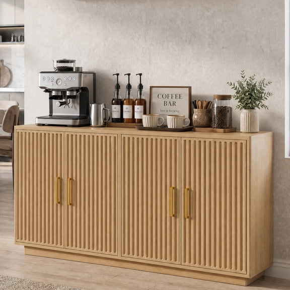 55in Buffet Cabinet, PAPROOS Modern Coffee Bar Cabinet Station with Adjustable Shelves, Tufted Accent Sideboards Buffet and Credenzas Cabinet, for Dining Room, Living Room, Natural