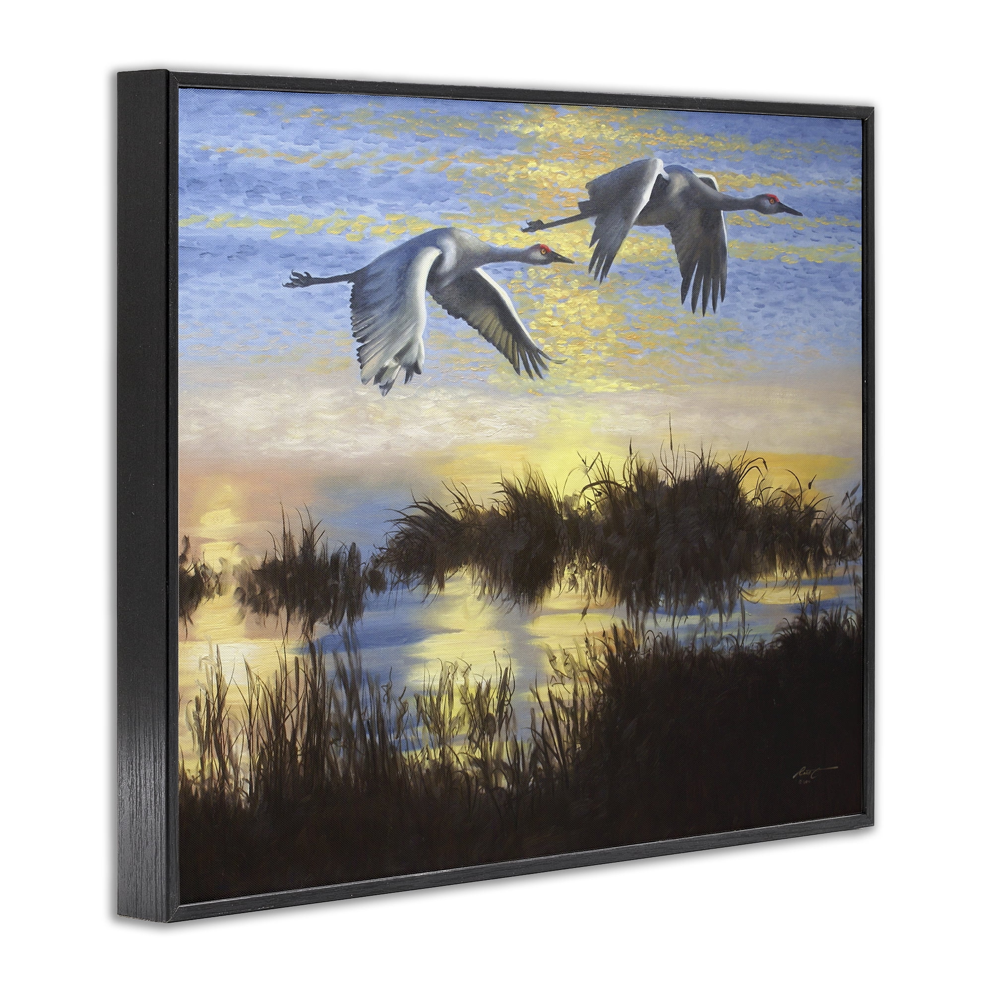 Stupell Industries Two Cranes Over Lake Landscape Painting Black Framed Art Print Wall Art, 30 x 24