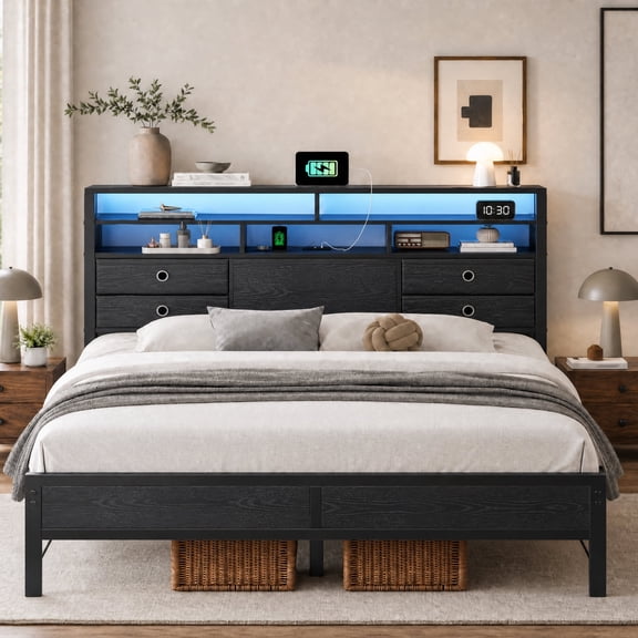 melmine Metal Platform Bed Frame with 4 Drawers Metal Bed Frame King with Headboard & LED Light & 2-Tier Shelf & Charge Station,Black