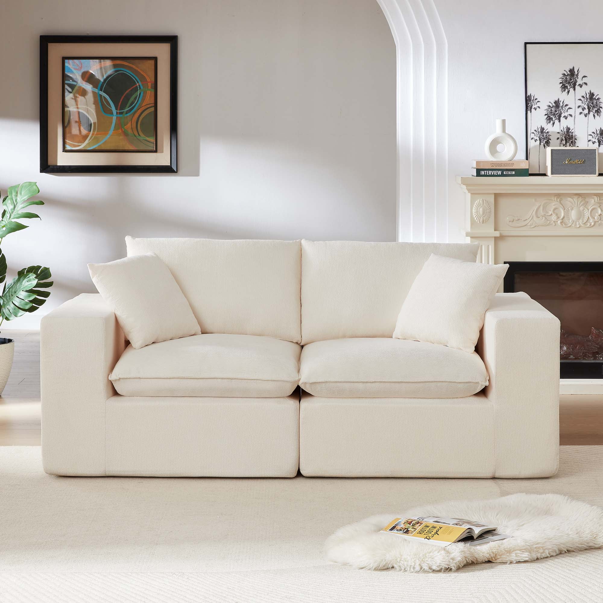 Miniyam 79" x 39" White 2-Seater Sofa, Modular & Expandable to L-Shape or U-Shape with Optional Ottoman/Chaise