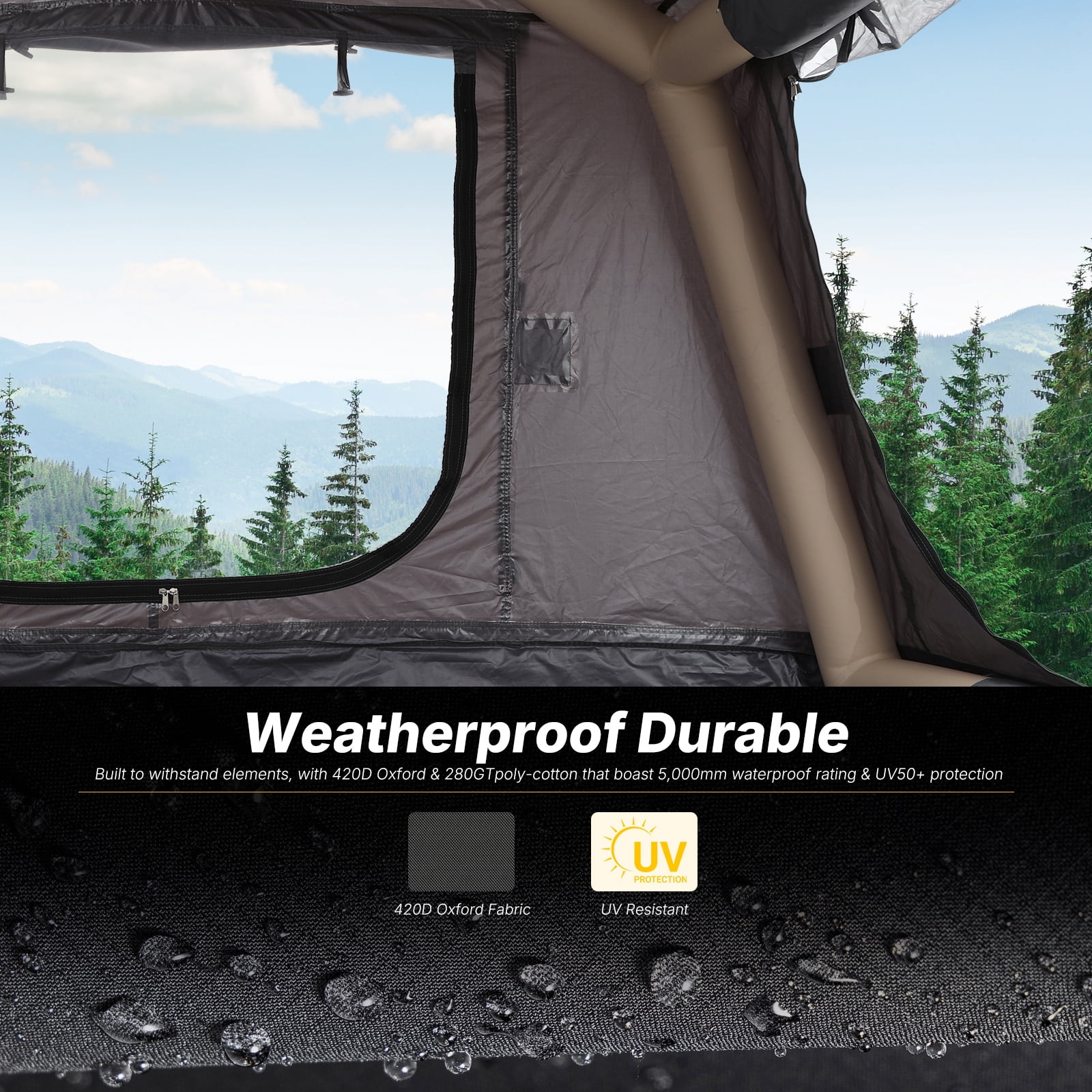 Inflatable Rooftop Tent with Air Mattress & Ladder, Waterproof Windproof Pop-Up SUV Truck Car Camping Tent with Air Pump for Overland & Outdoor Camping (Black & Grey)