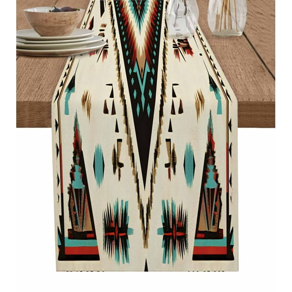 Southwest Tribal Table Runner-Cotton Linen- 36 Inch Holiday Dresser Scarves, Aztec Fancy Abstract Geometric Ethnic Tablerunner for Kitchen Coffee/Dining Bedroom Living Room Dinner Scarf Décor 13x36