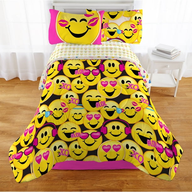 Emojination Bed In A Bag Kids Bedding Set Microfiber Emoji Faces Yellow Black And Pink 4 Piece Twin Walmart Com Walmart Com
