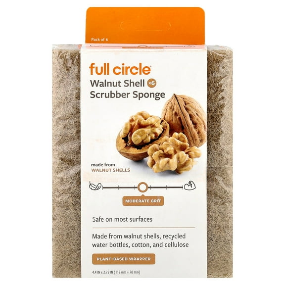 Full Circle Walnut Shell Scrubber Sponge, 6 Count