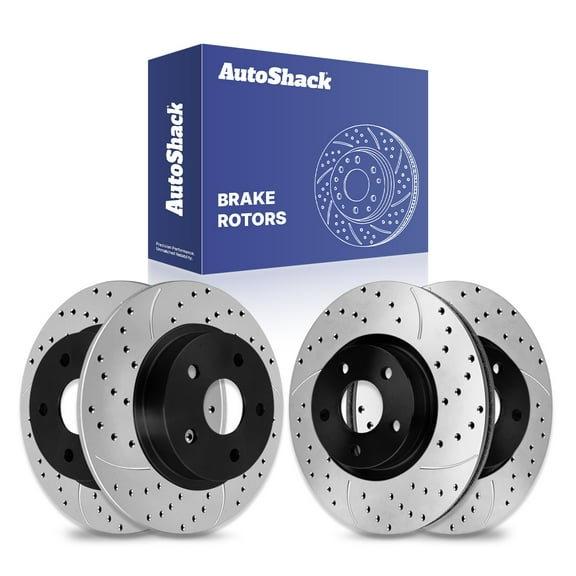 AutoShack Front Vented & Rear Solid Drilled & Slotted E-Coated Brake Rotors 4-PC Set Replacement for 2004-2012 Volvo S40 2006-2013 Volvo C70 ShadowGuard