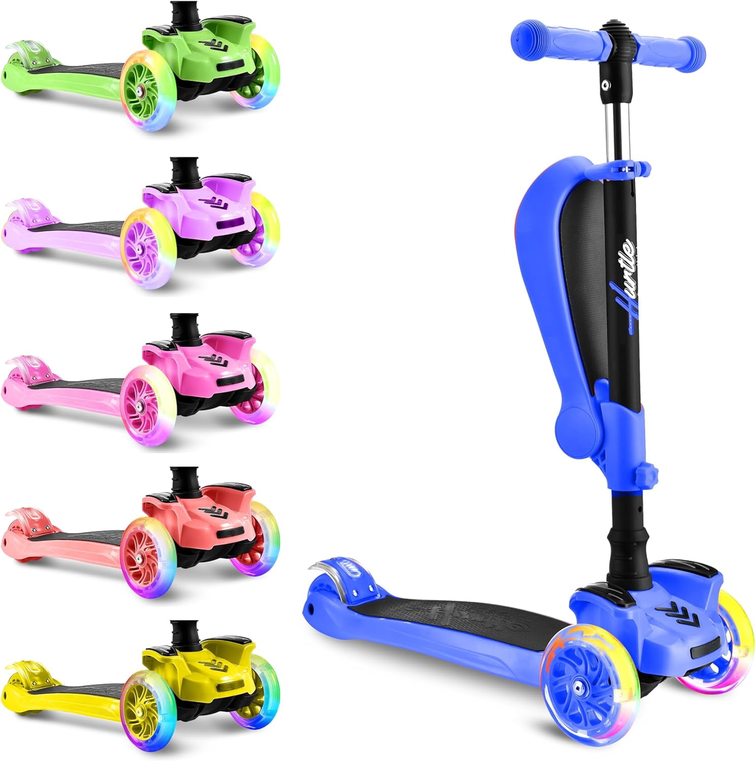 Hurtle 3-Wheeled Scooter for Kids - Wheel LED Lights, Adjustable Lean-to-Steer Handlebar, and Foldable Seat - Sit or Stand Ride with Brake for Boys and Girls Ages 1-14 Years Old