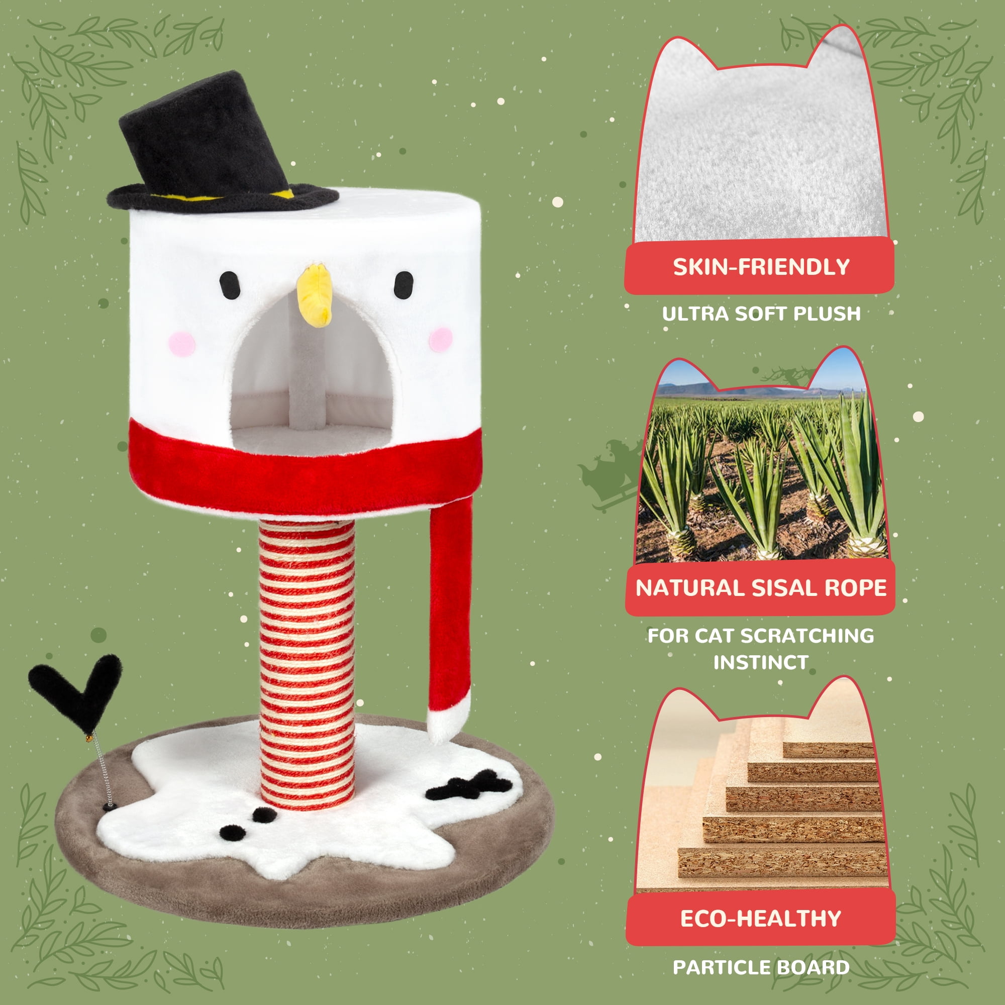 LHBCraft Christmas Cat Tree, 35" Multi-Level Cat Tower with Cat Condos, Top Perches, Sisal Ramp Scratching Posts, Cozy Basket, Hammocks, Large Cat Pet Activity Structure