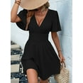 thumbnail image 5 of Women V Neck Mini Dress Summer Ruffle Sleeves A Line Elastic High Waist Flowy Swing Dresses Black XL, 5 of 7