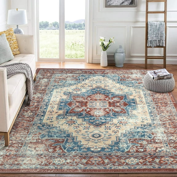 Yesurprise 9x12ft Large Floral Area Rugs - Traditional Medallion Design, Ultra Soft, Non-Slip, Non-Shedding, Washable - Red Brick