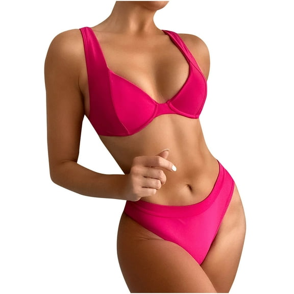 QLEICOM Womens Swimsuits Tummy Control Plus Size Swimsuit Coverup Bikini Solid Set Swimsuit Two Piece Filled Bra Swimwear Beachwear Hot Pink S