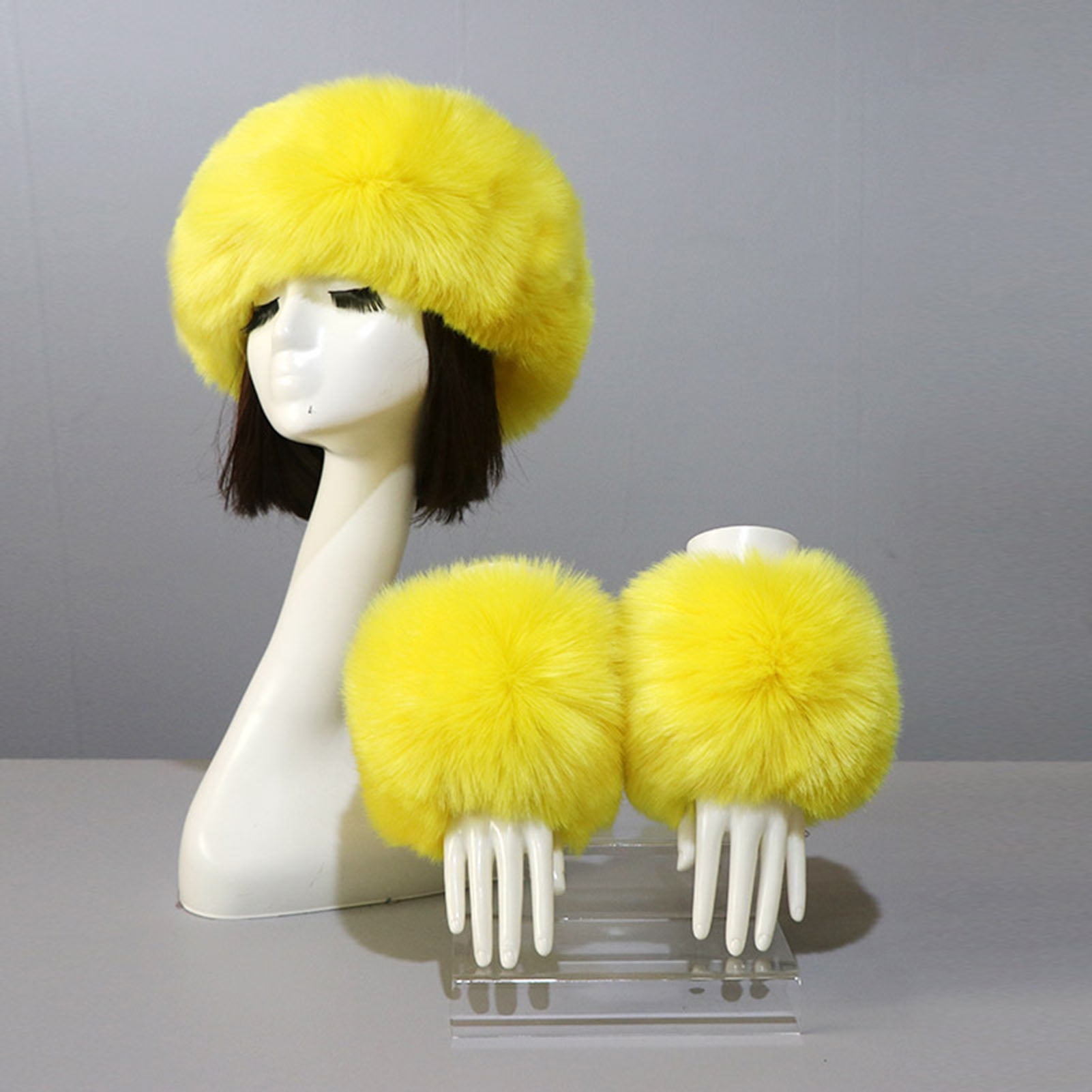comerut 1 Set Women Headband Gloves Solid Color All Match Faux Fur Furry Empty Top Hat Wrist Sleeves for Skiing
