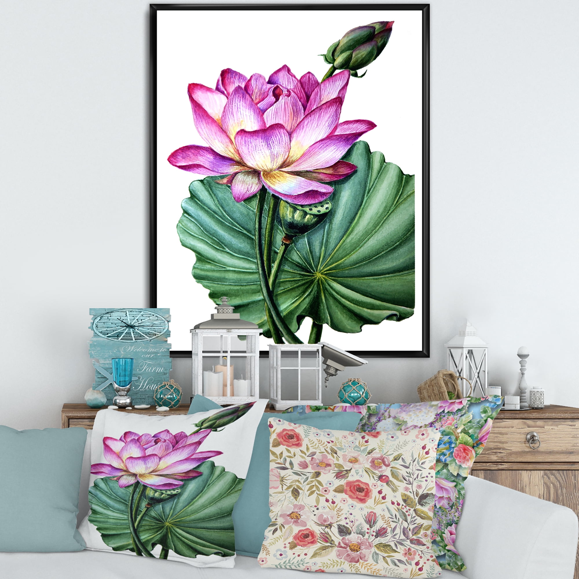 Designart 'Ancient Pink Lotuses In The Pond VI' Traditional Framed Canvas Wall Art Print