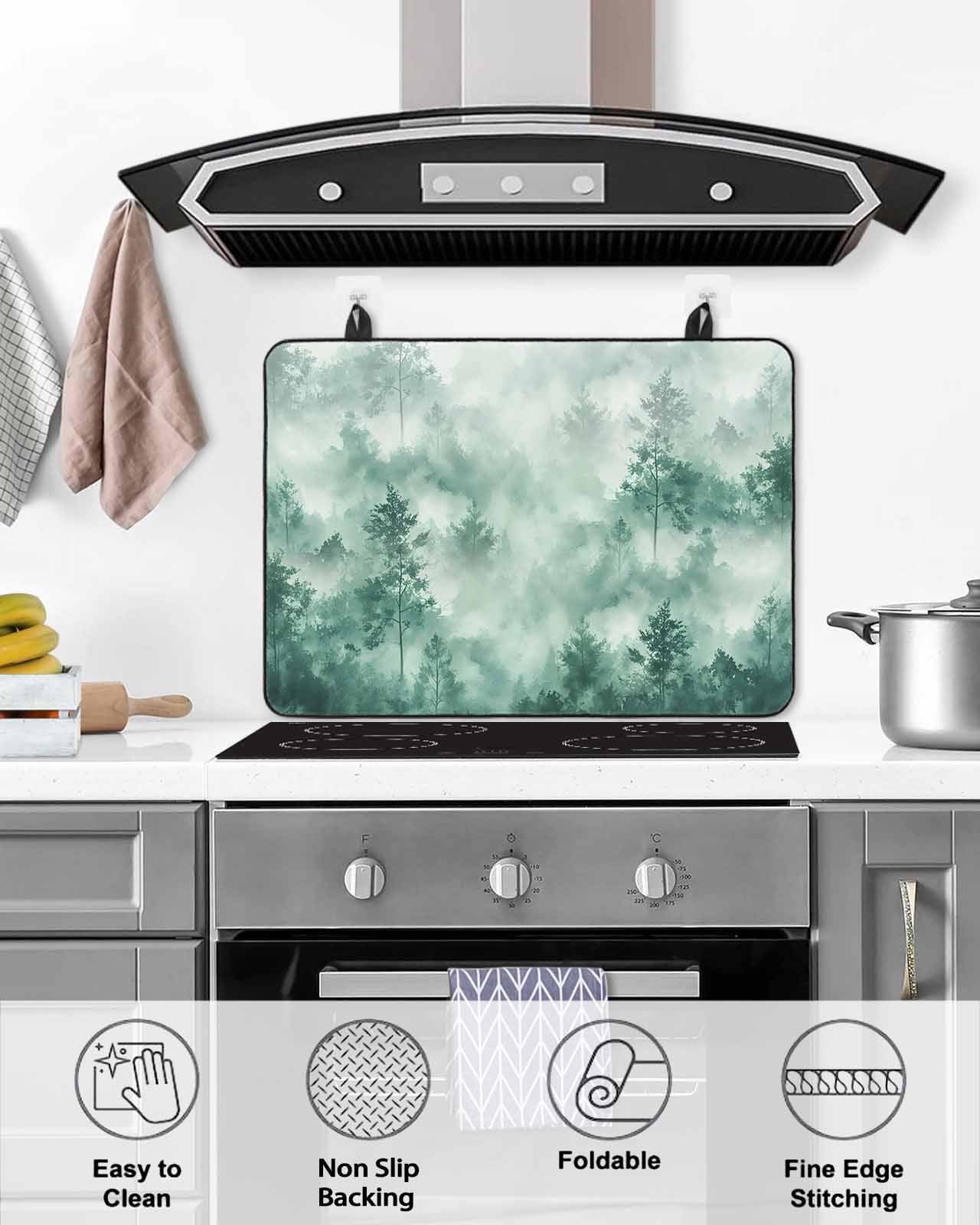 nqOlkjepod Large Induction Cooktop Protector Mat 24"x21", Green Forest Rustic Stove Top Covers for Electric Stove, Vintage Tree Scenery Watercolor Stove Burner Cover Mats, Glass Top Stove Cover