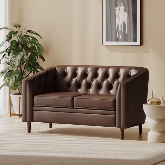 Dark Brown Loveseat Sofa, PU Leather Tub Chair with Button-Tufted Stitch, Contemporary Two-Seater Couch with Birch Wood Legs for Living Room