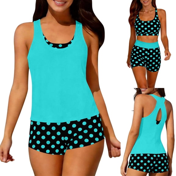 EGNMCR Blue Tankini Swimsuits for Women, Two Piece Tummys control Bathing Suit, Floral Flowy Swim Tops with Short Swimwear
