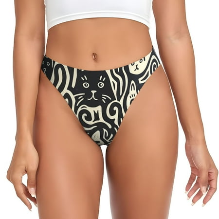 Qokaie Abstract Cat Faces Pattern Printed Women s Cotton Thong Underwear  Sexy Breathable Panties G-string-Large
