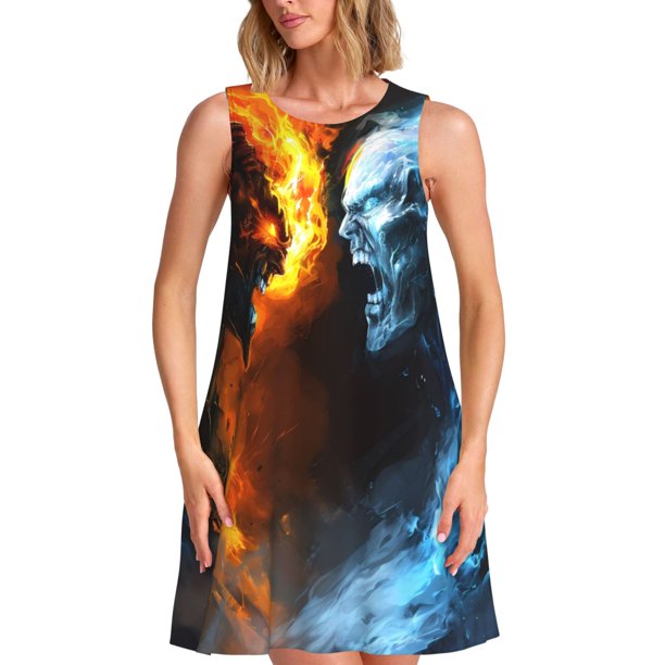 Balery Red And Blue Fire Skull Warrior Vestidos de verano para mujer con estampado: vestido holgado sin mangas, vestido playero informal y cómodo para días calurosos.