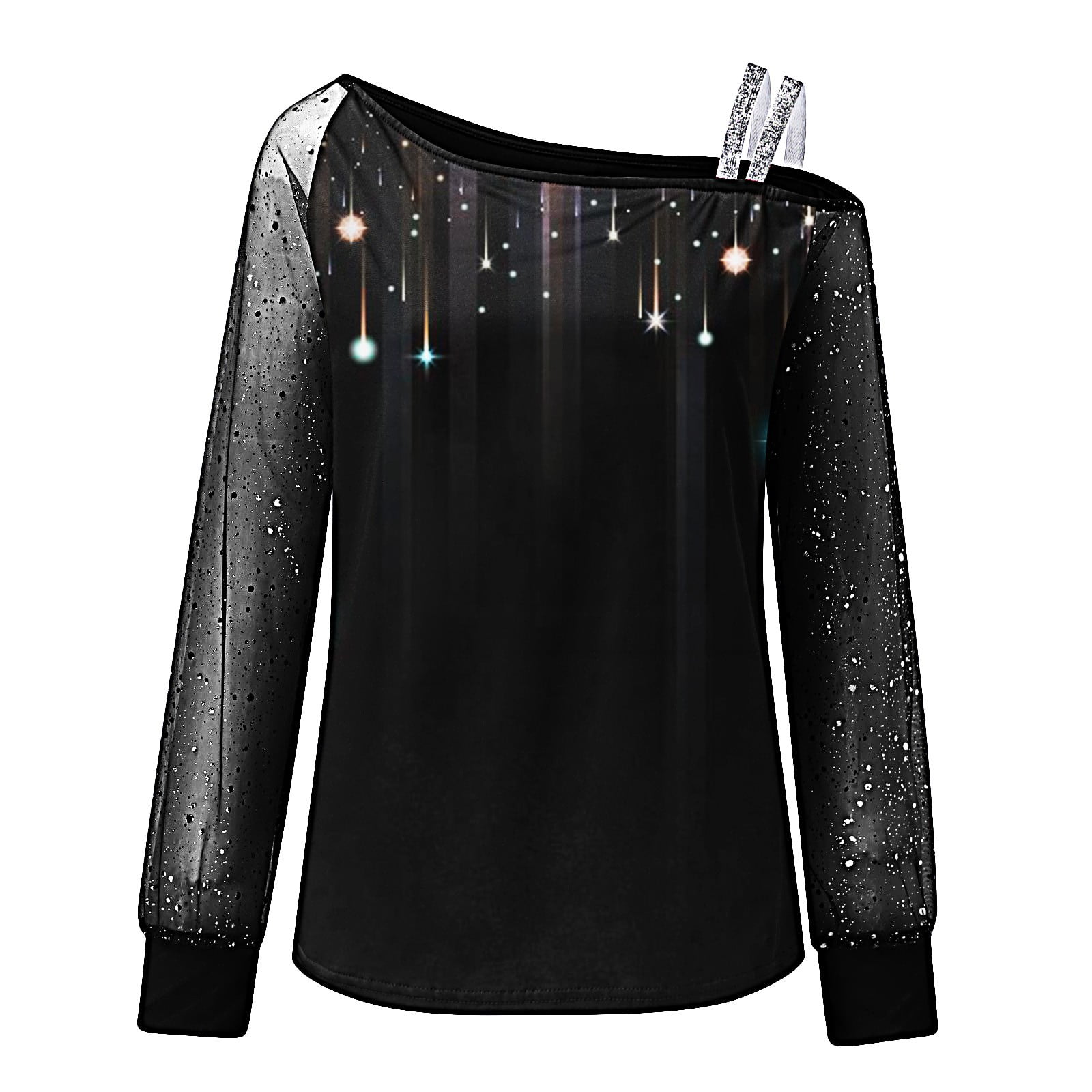 Gubotare New Years Scoop For Shirt Zipper Pullover Women Srtipe Cold Mesh Womens Blouse Sleeve Casual Shoulder Tops M Eve Long T-Shirt,Silver Neck