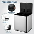 thumbnail image 4 of Roromall Dual Trash Can, 2x4 Gallon (2x15L) Stainless Steel Step Trash Can, Rectangular Garbage Can for Kitchen, Office with 2 Compartments, Removable Inner Buckets, Soft-Close Lid, 4 of 7