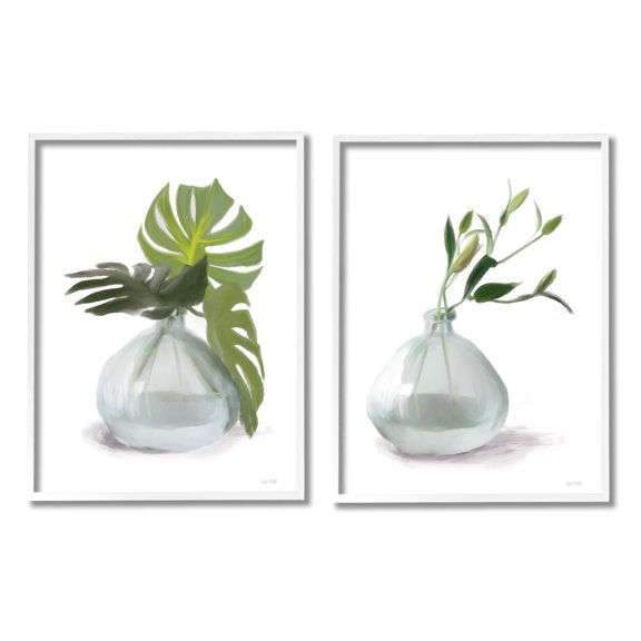 Stupell Simple Monstera Plant Leaf Sprigs Botanical & Floral Painting White Framed Art Print Wall Art, Set of 2
