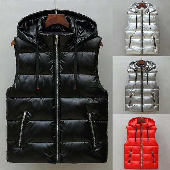 Miluxas Men's Shiny Winter Hooded Puffer Vest Sleeveless Thicken Warm Cotton Cargo Vest Fashion Padded Down Vest Jacket Silver