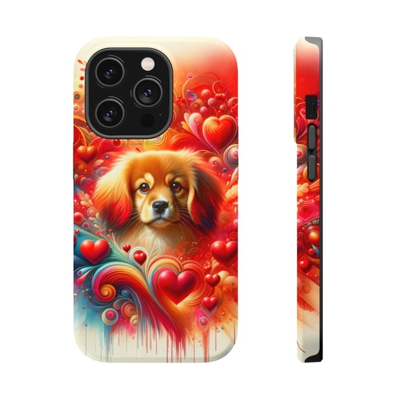 DistinctInk Tough Case for Apple iPhone 14 Pro MAX (6.7" Screen), Compatible with MagSafe Charging - Valentine's Day Tibetan Spaniel