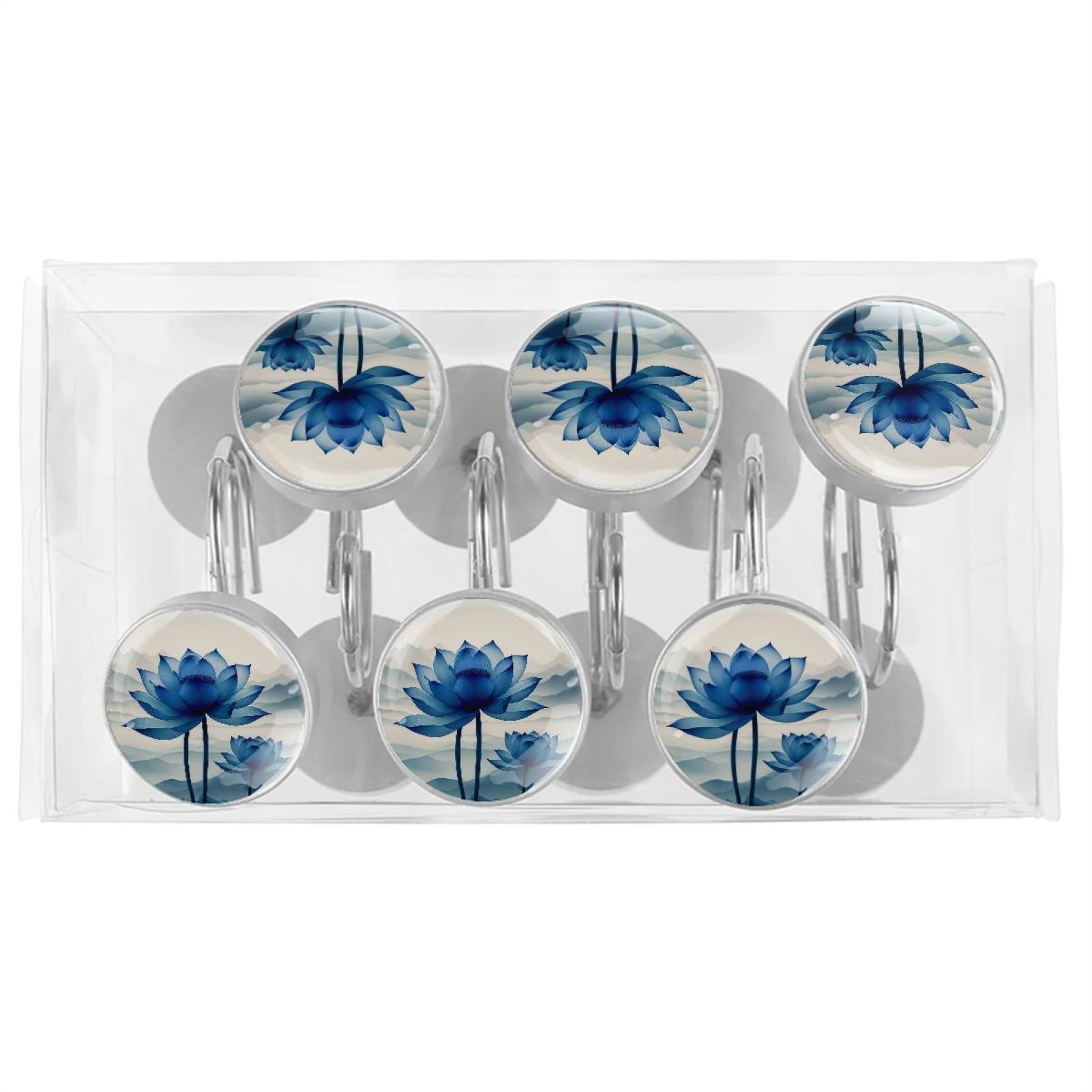 Imobaby 12 Pcs Metal Shower Curtain Hooks Rust Proof for Shower Curtain Liner - Landscape Ink Blue Lotus