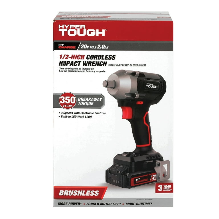 Hyper Tough 20V Max Compact Brushless 1 2 inch Impact Wrench with 2.0Ah Lithium Ion Battery and Charger 350 ft lbs Torque New Walmart