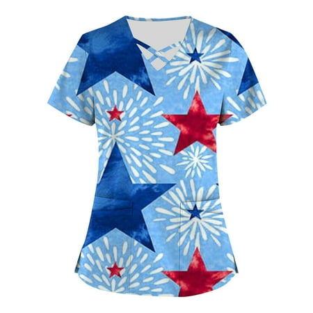 

HIMIWAY Fourth of July Clothes Womens Tops Plus Size Independence Day Printed Scrub Working Uniform Tops for Women Cross V-Neck Short Sleeve Fun T-Shirts Workwear Tee with Pockets Sky Blue XXL